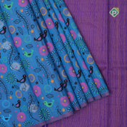 Peacock blue base multi color digital printed design edge border dhupion saree