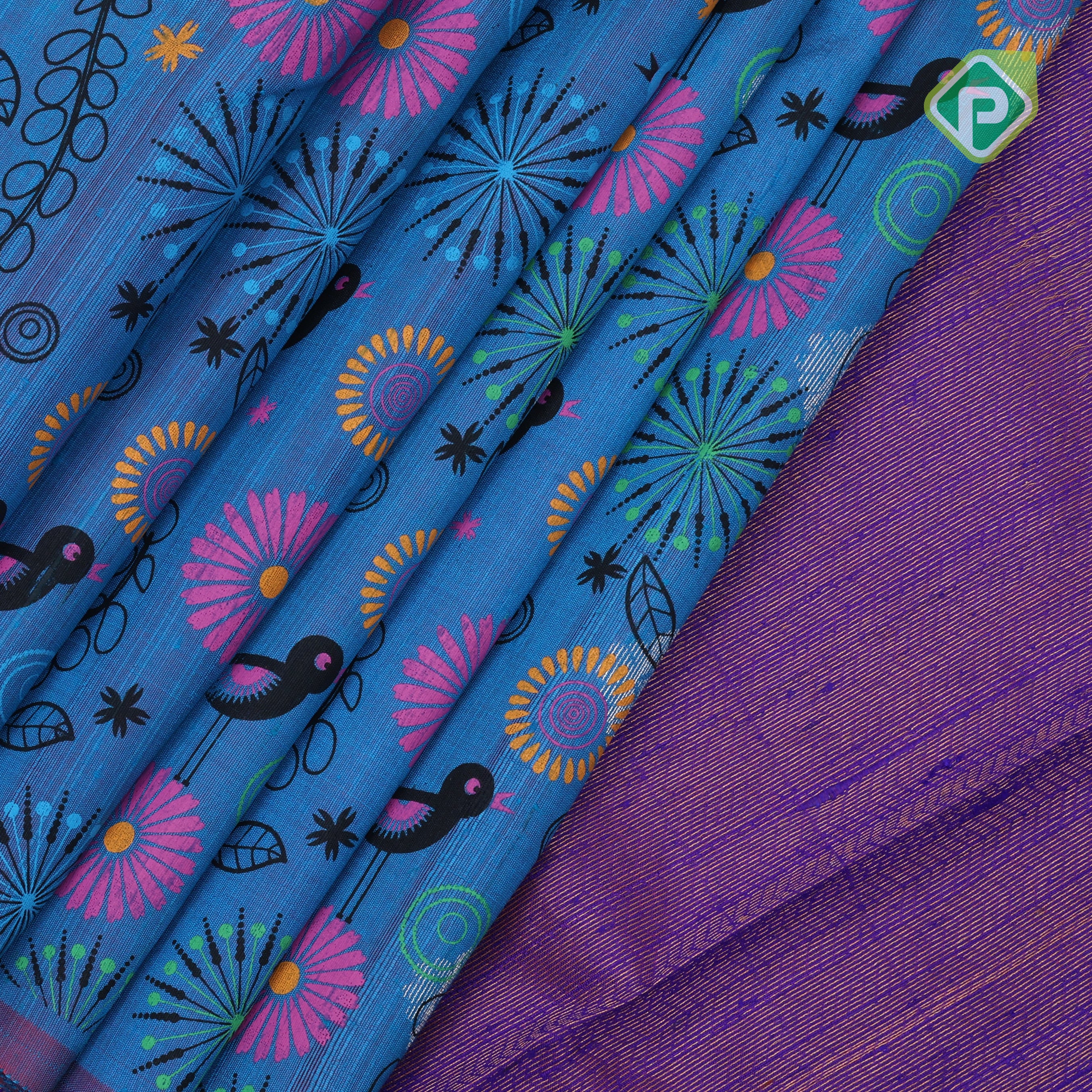 Peacock blue base multi color digital printed design edge border dhupion saree