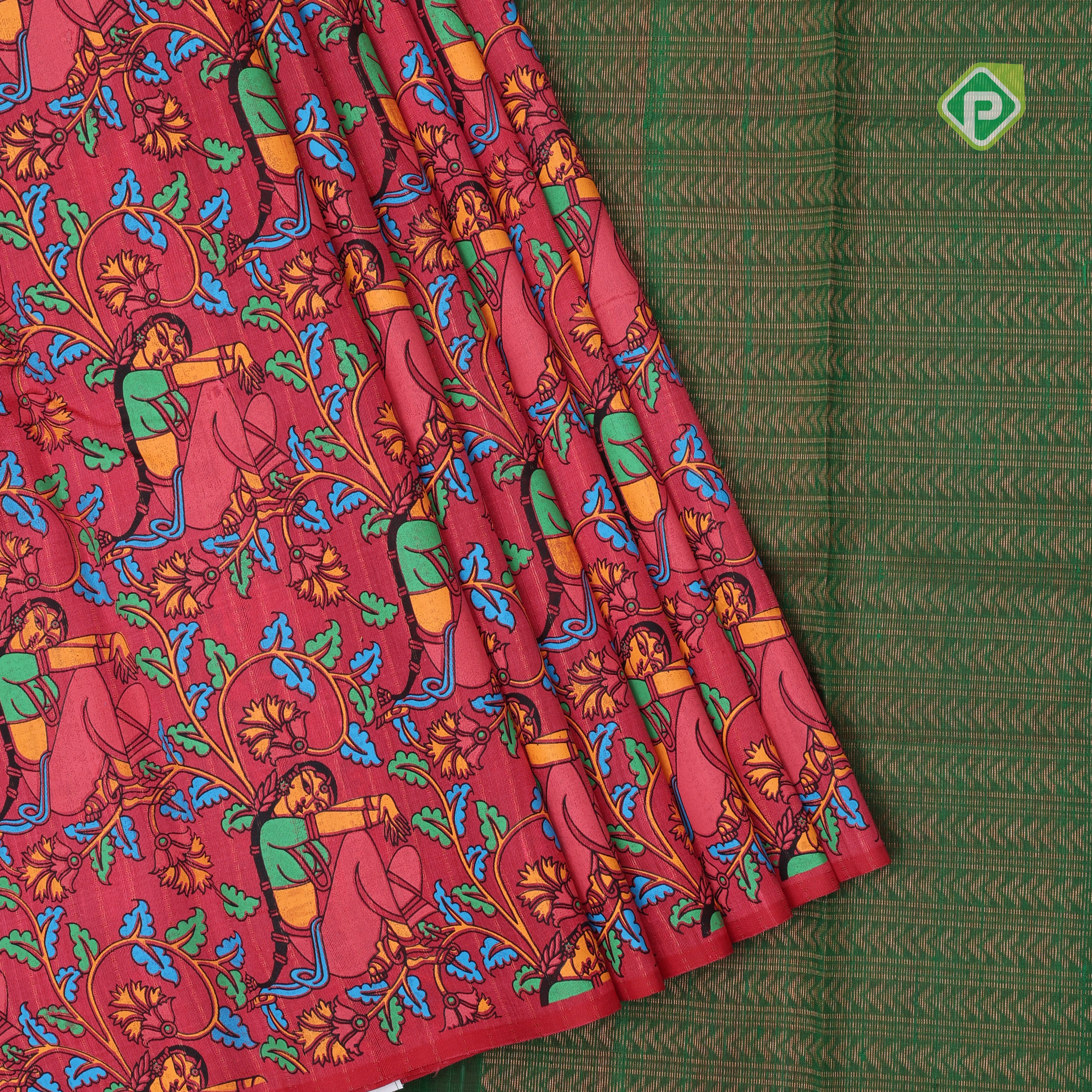 Red base multi color digital printed design Borderless dhupion saree