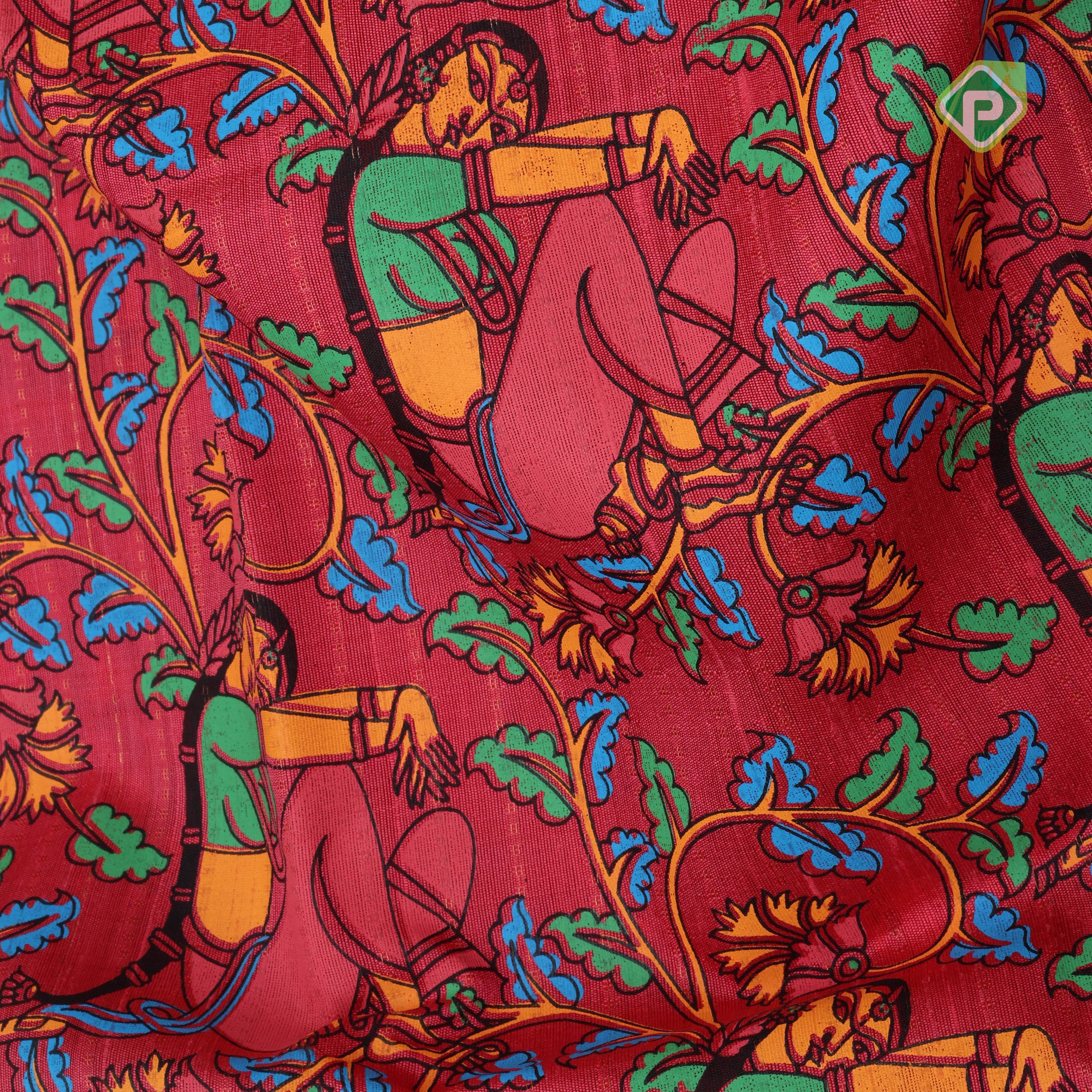 Red base multi color digital printed design Borderless dhupion saree