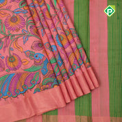 Peach pink multi color digital printed design green color zari border dhupion saree