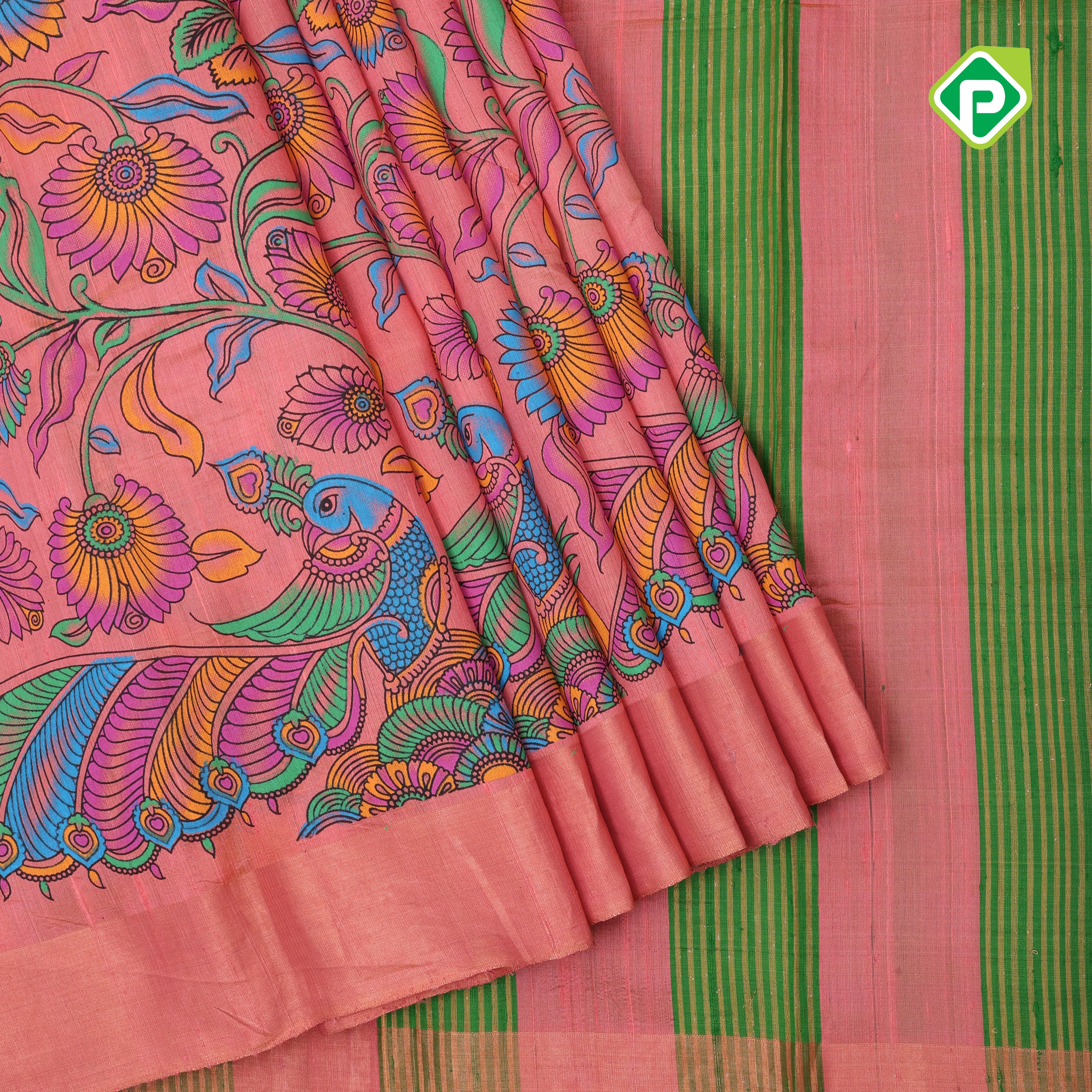 Peach pink multi color digital printed design green color zari border dhupion saree