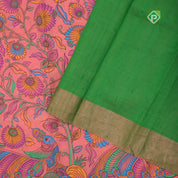 Peach pink multi color digital printed design green color zari border dhupion saree