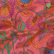 Peach pink multi color digital printed design green color zari border dhupion saree