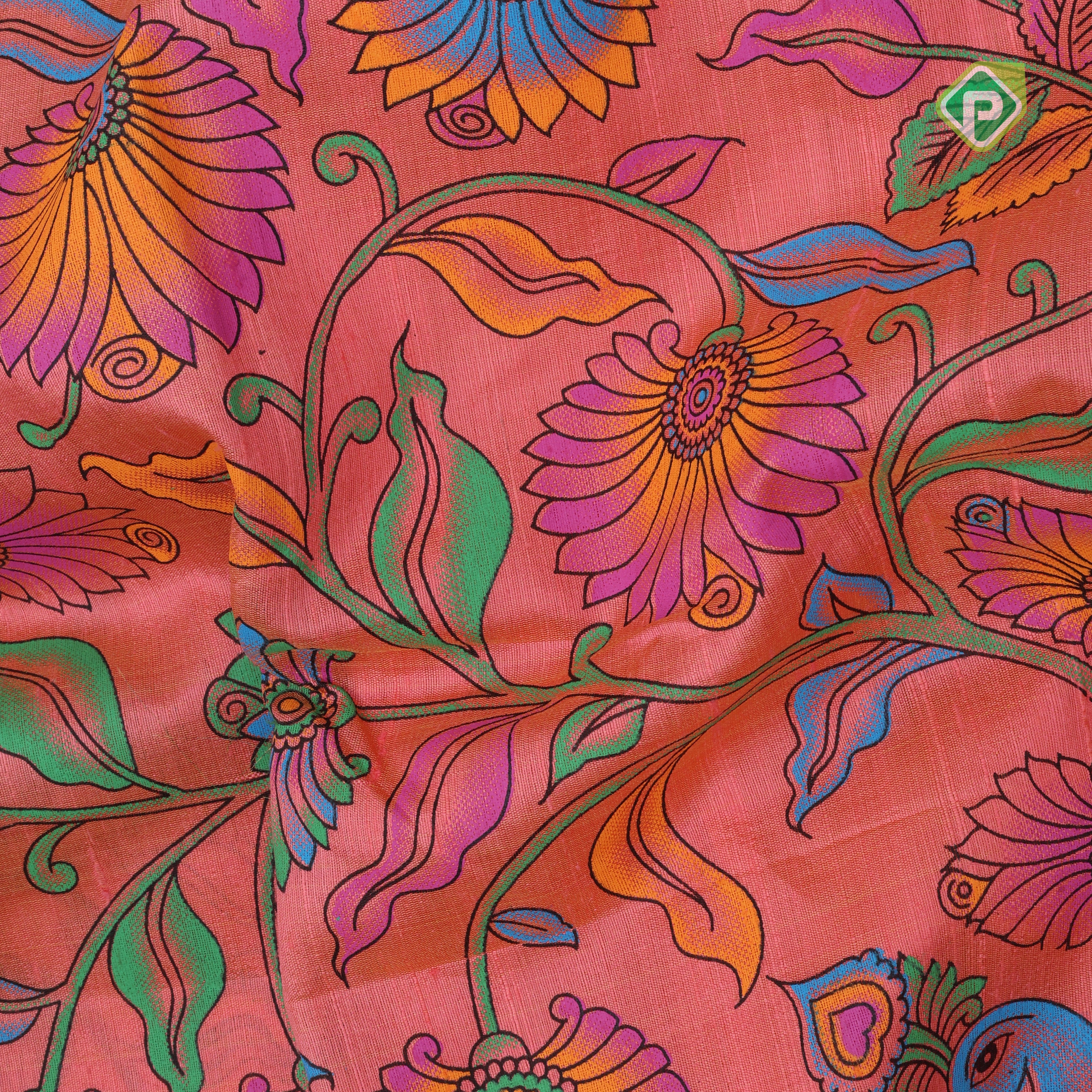 Peach pink multi color digital printed design green color zari border dhupion saree