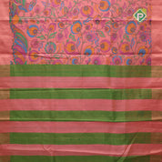 Peach pink multi color digital printed design green color zari border dhupion saree