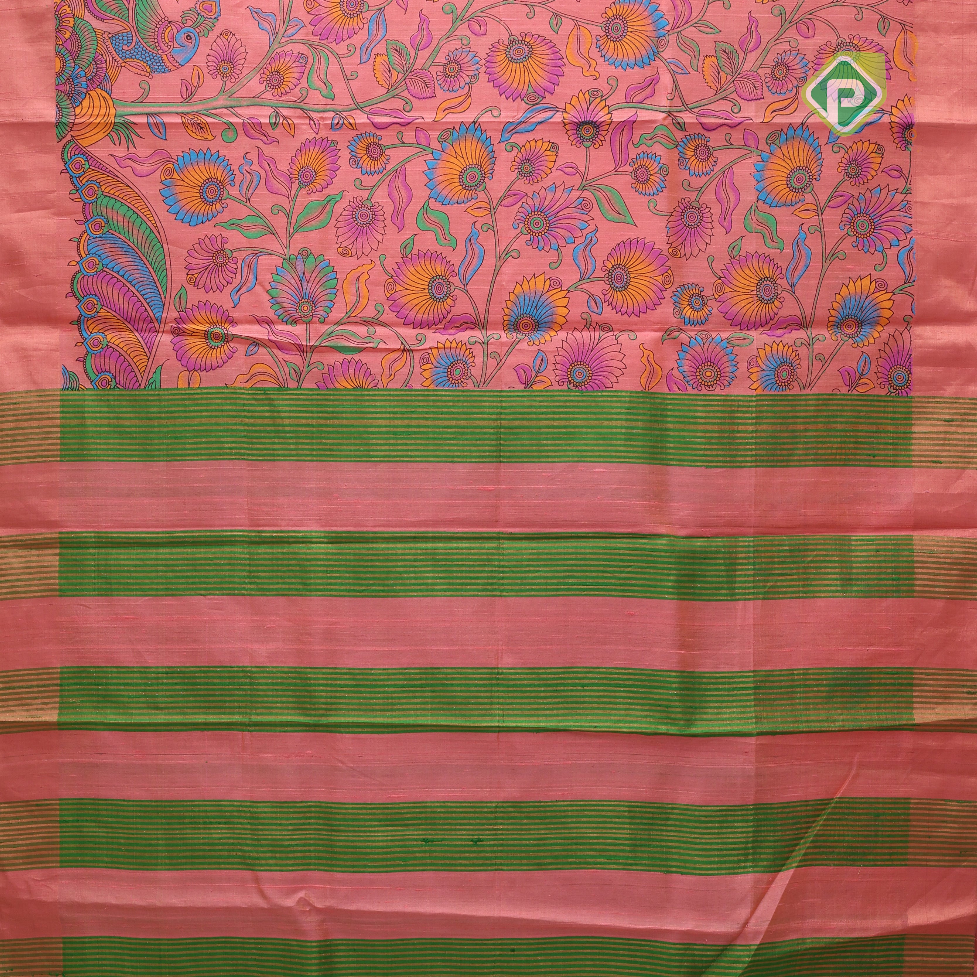 Peach pink multi color digital printed design green color zari border dhupion saree