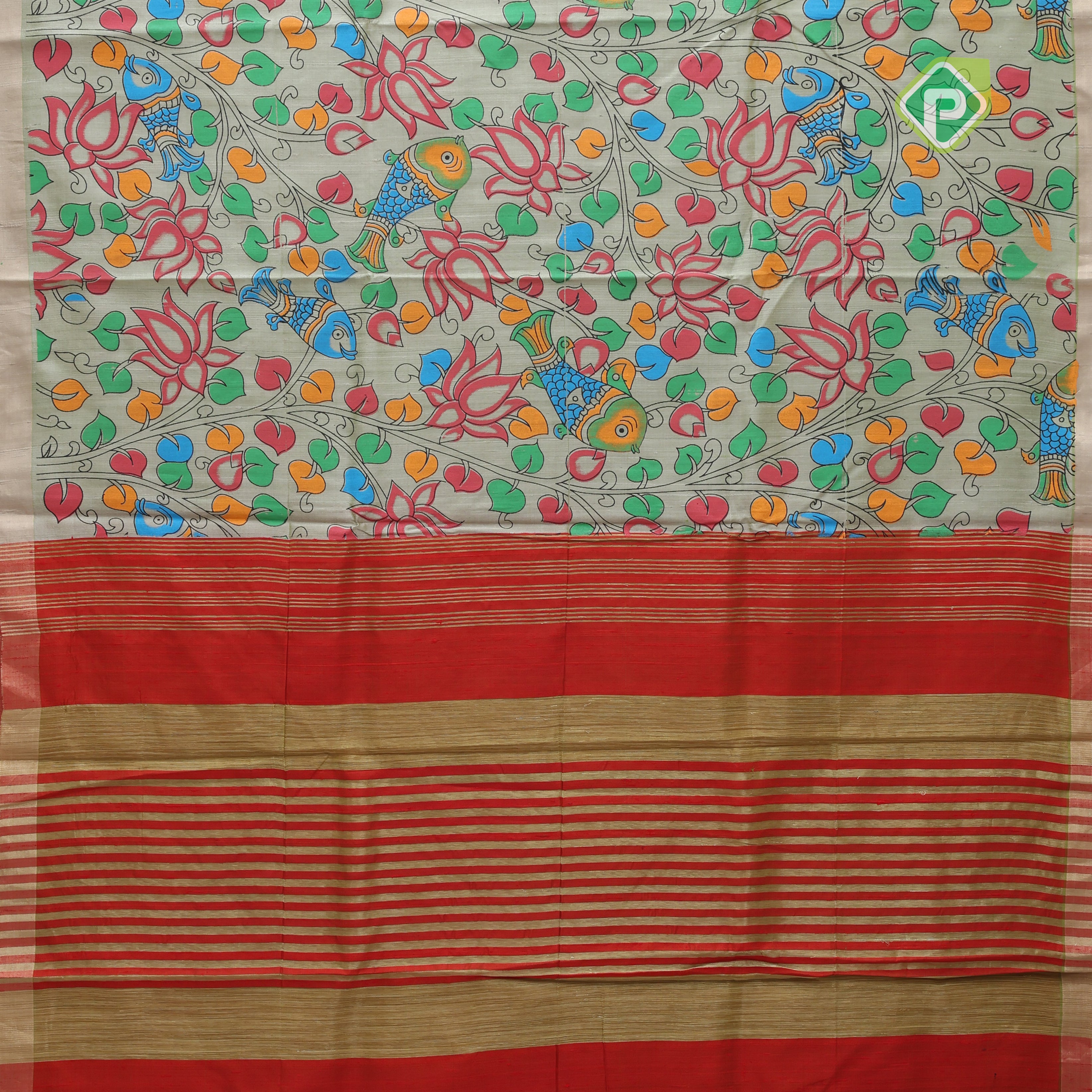 Sage green base multi color digital printed design silver zari border dhupion saree