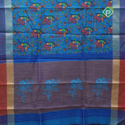 Blue base multi color digital printed design double color border dhupion saree