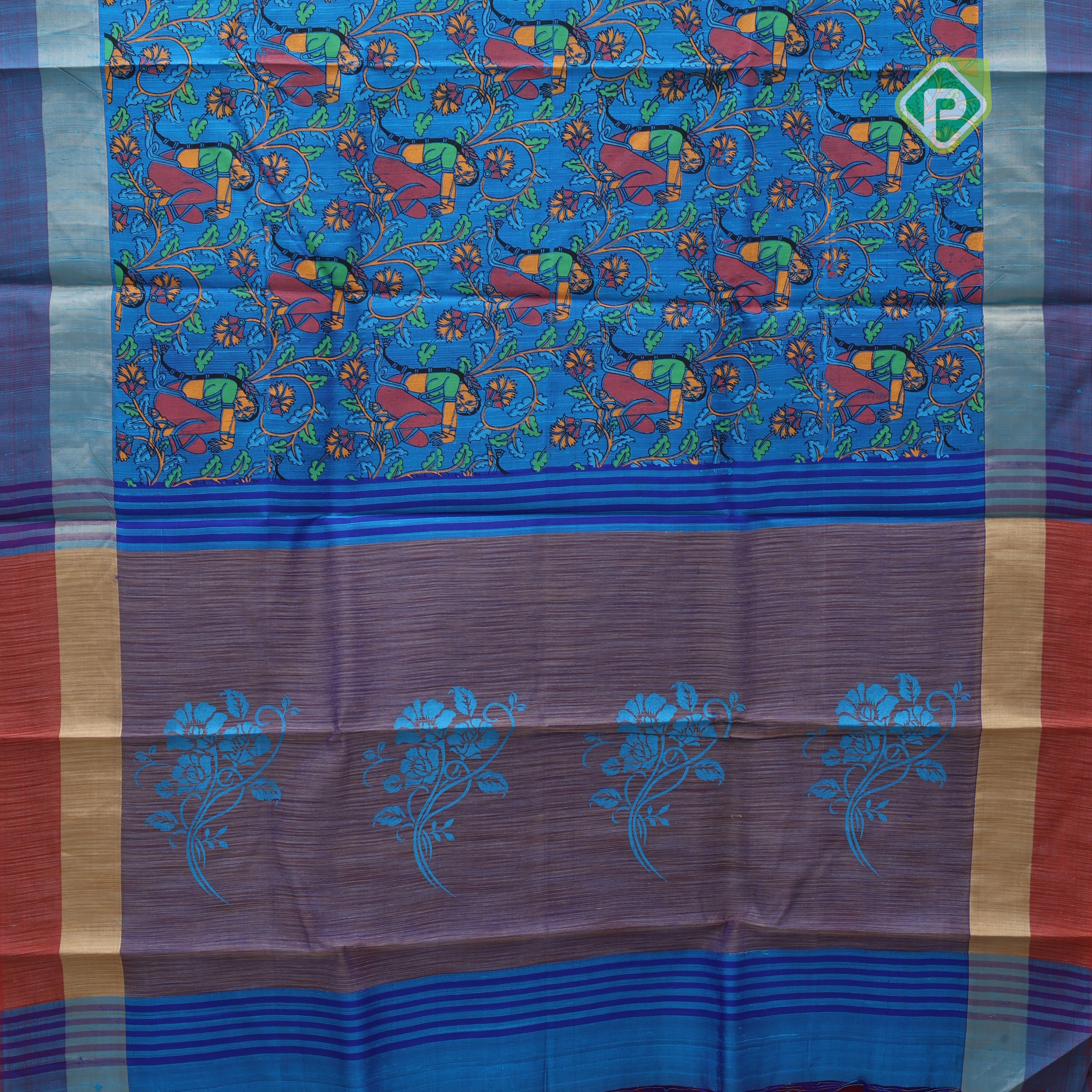 Blue base multi color digital printed design double color border dhupion saree