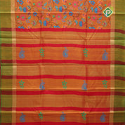 Pinkish orange multi color digital printed design green gold zari double border dhupion saree