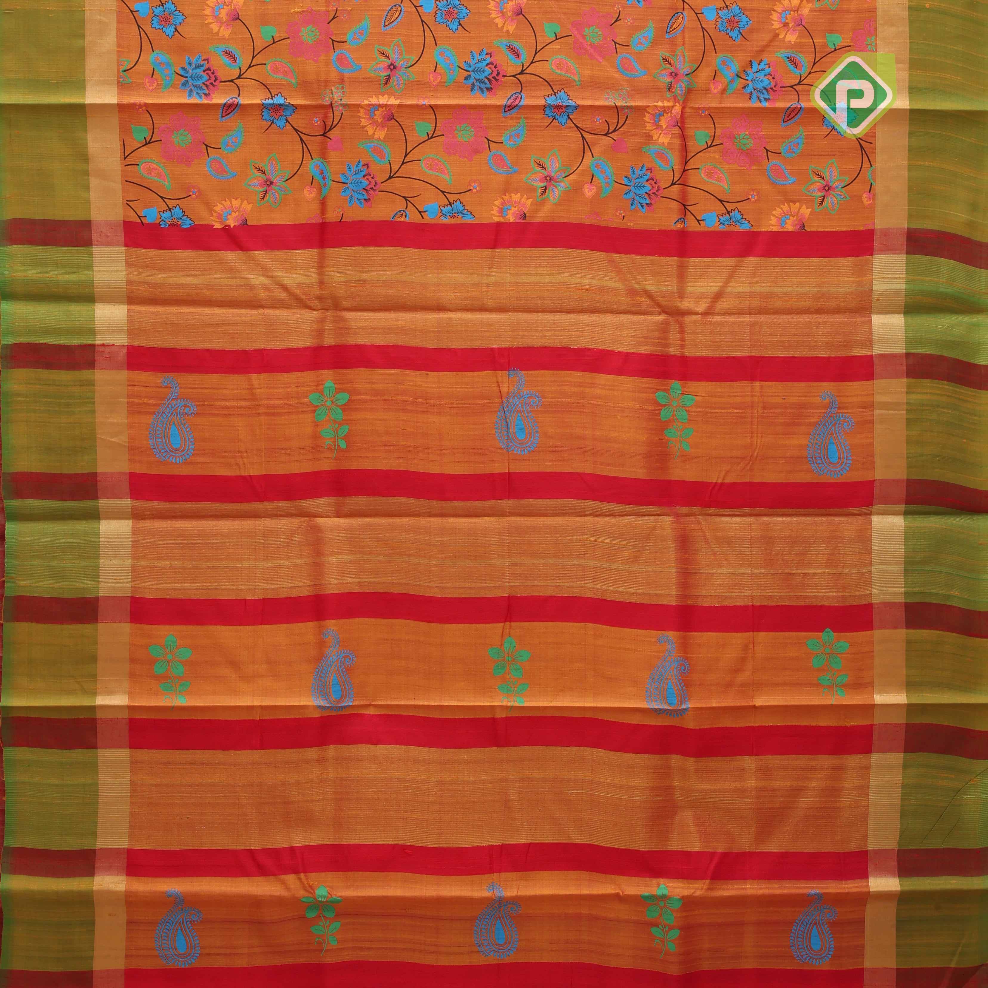 Pinkish orange multi color digital printed design green gold zari double border dhupion saree