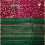 Purple base multi color digital printed design gold zari edge border dhupion saree
