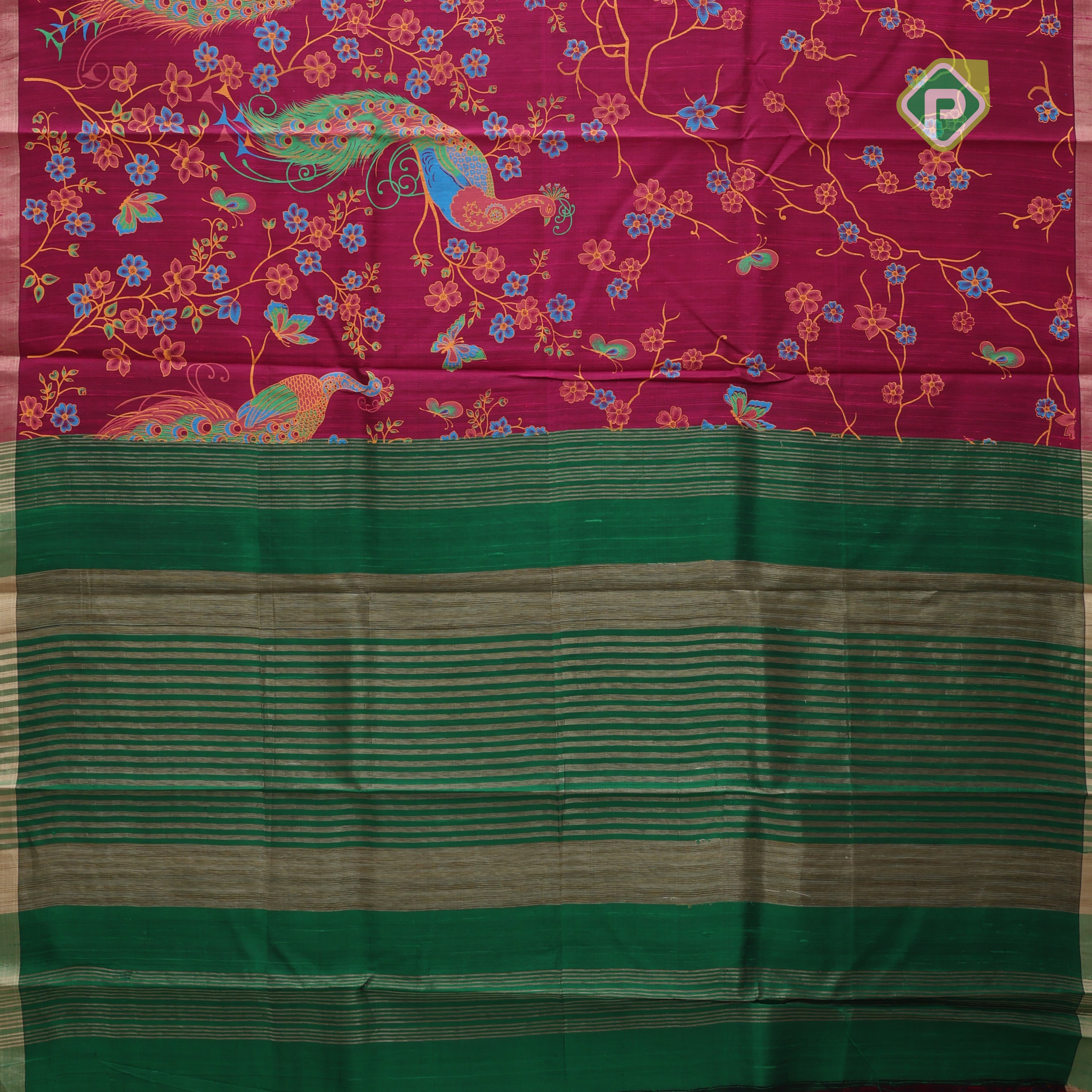 Purple base multi color digital printed design gold zari edge border dhupion saree