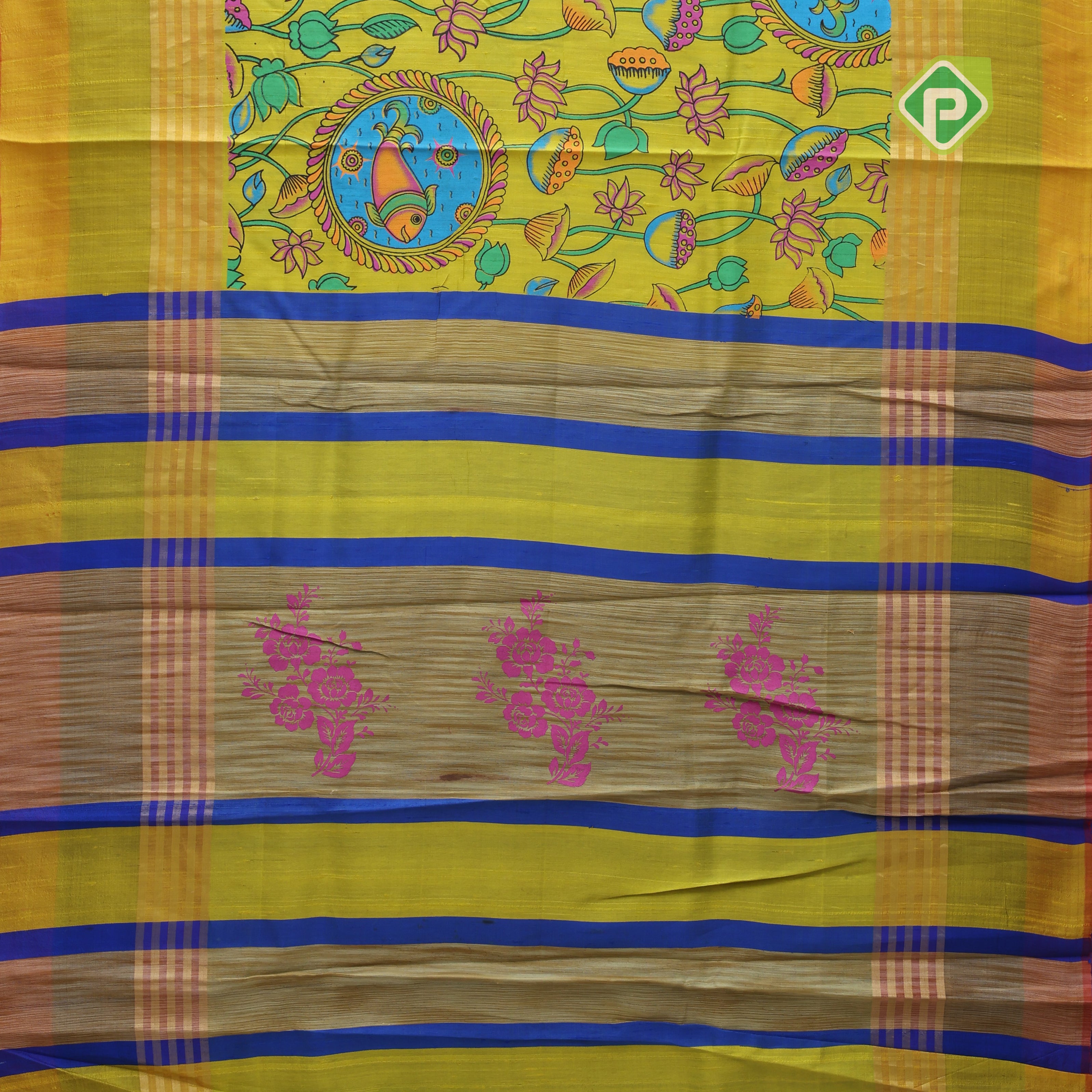 Lemon yellow base multi color digital printed design tri color border dhupion saree