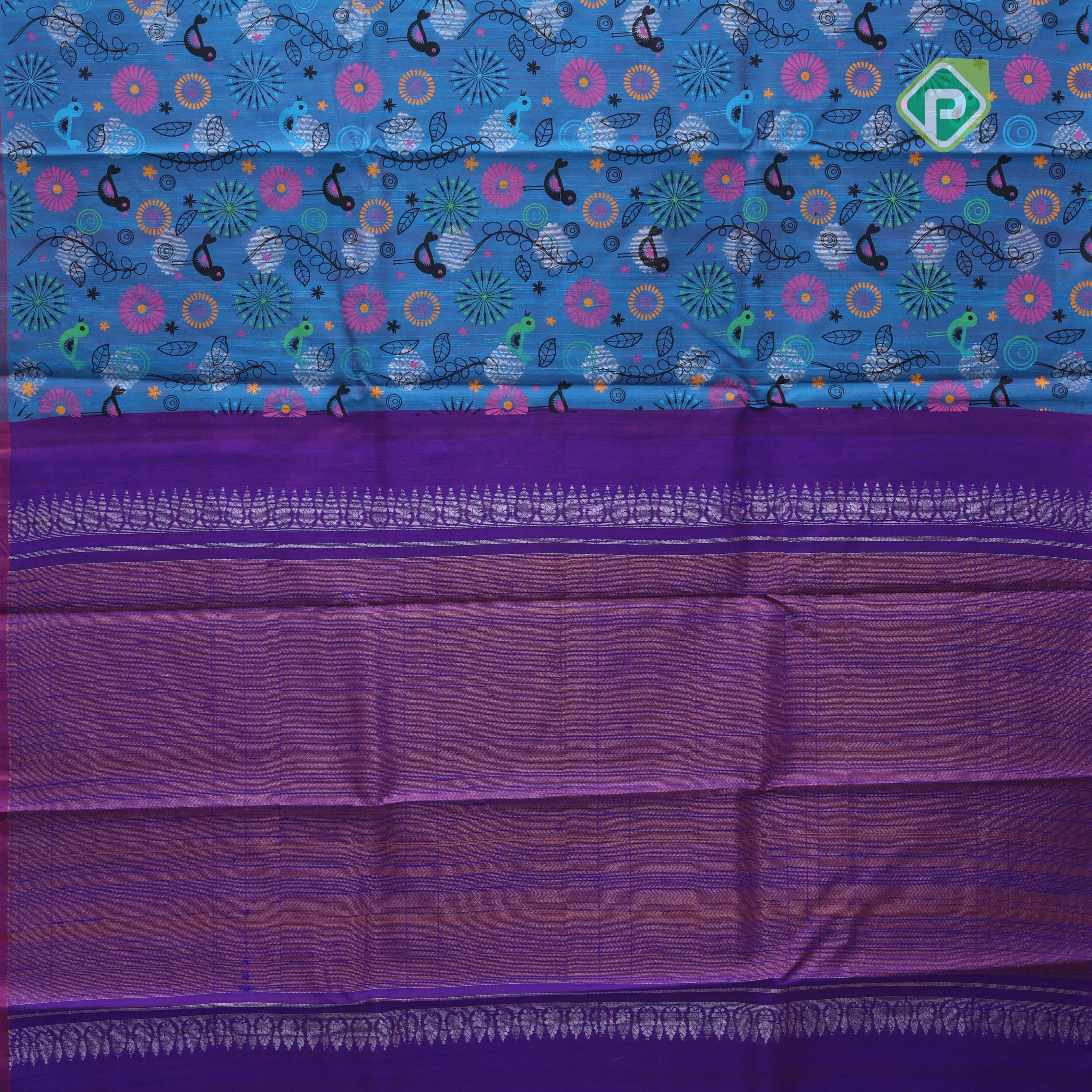 Peacock blue base multi color digital printed design edge border dhupion saree