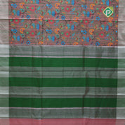 Dual tone base multi color digital printed design green silver zari border dhupion saree