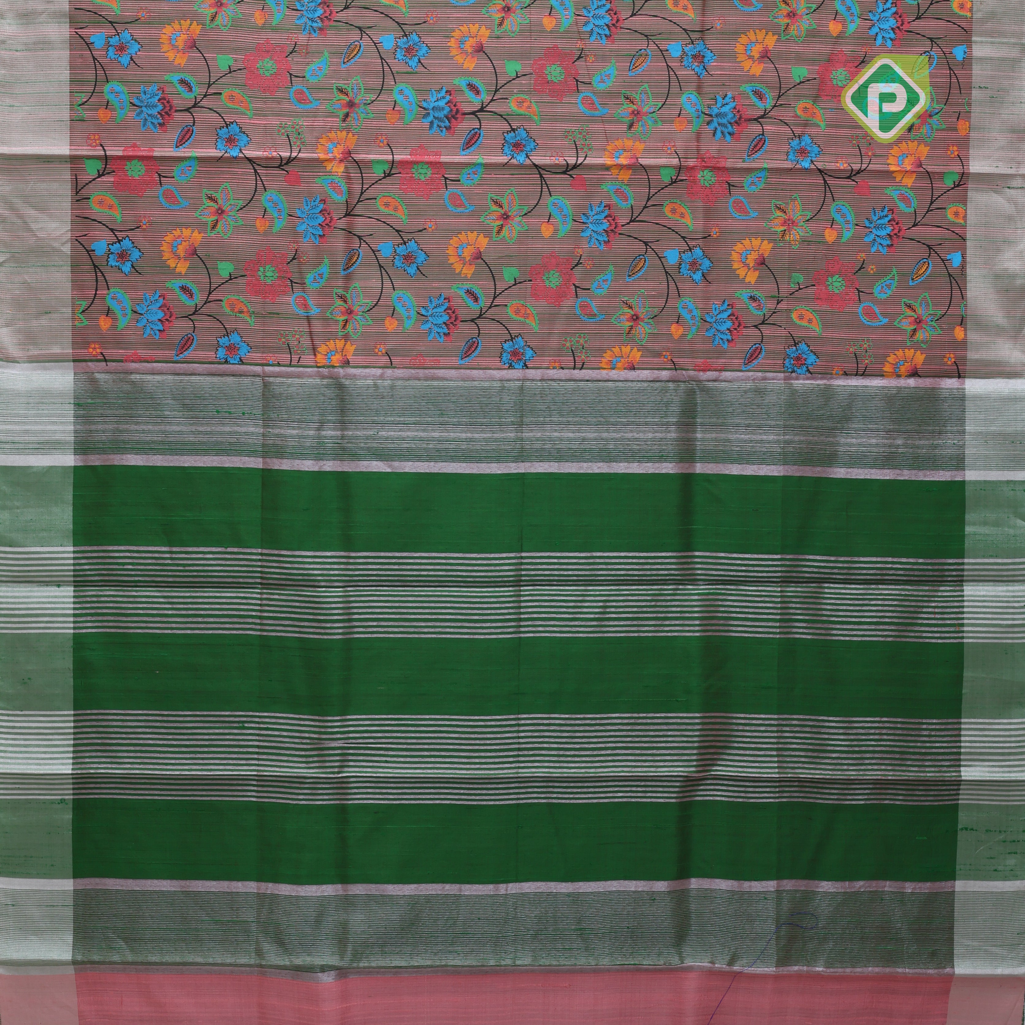 Dual tone base multi color digital printed design green silver zari border dhupion saree