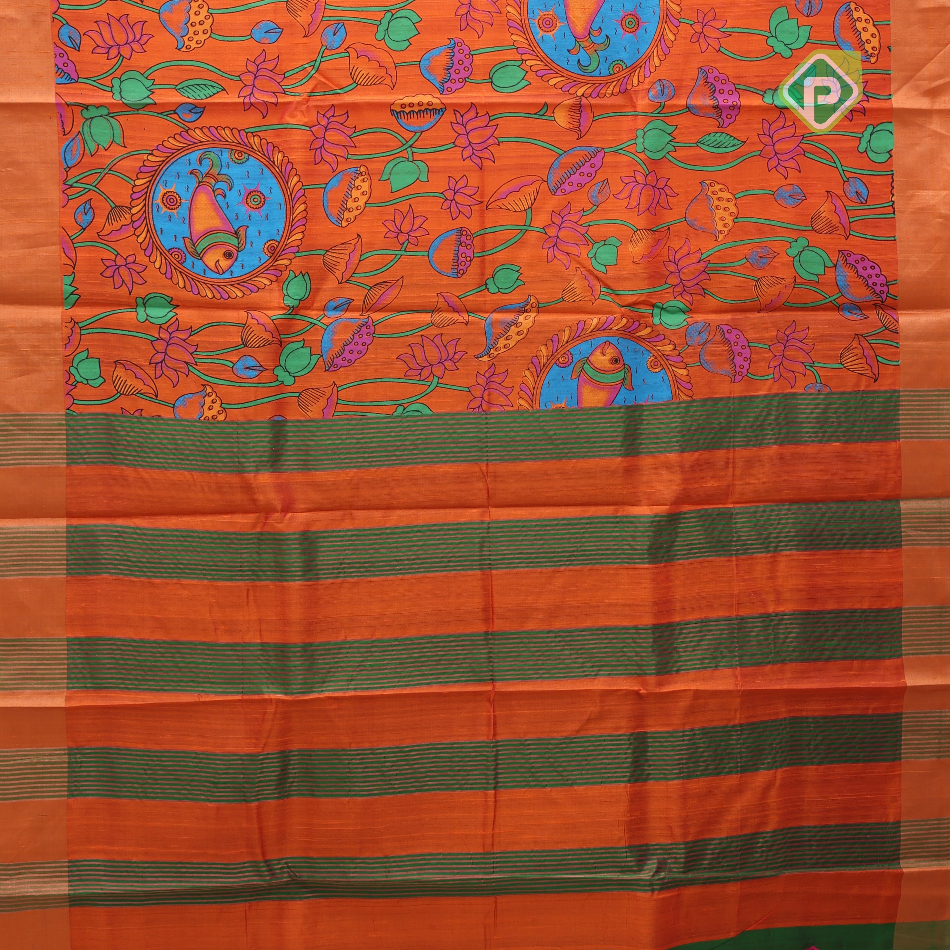 Fanta orange base multi color digital printed design silver zari border dhupion saree