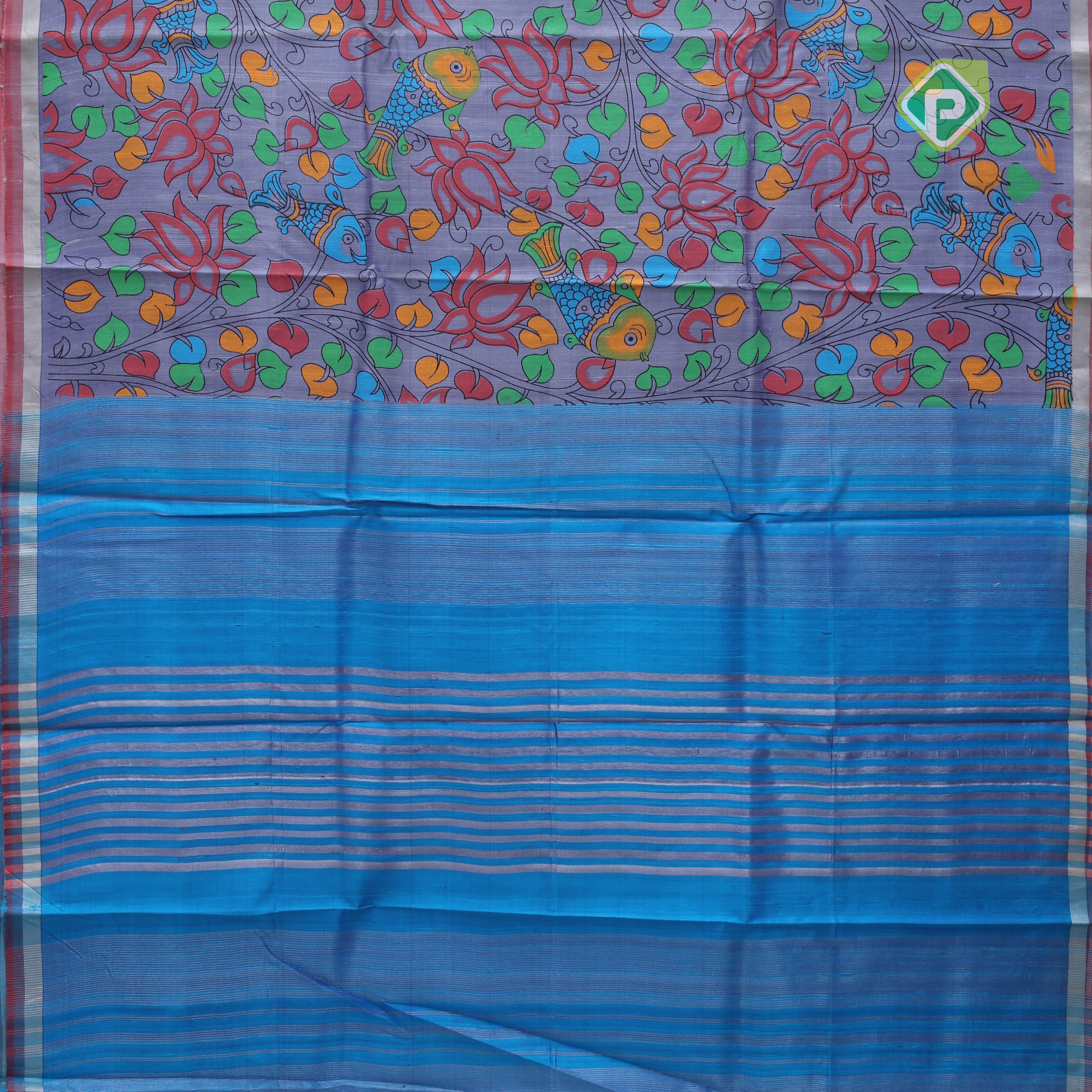 Dark Lavender base multi color digital printed design double color border dhupion saree