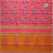 Red orange base multi color digital printed design silver zari border dhupion saree