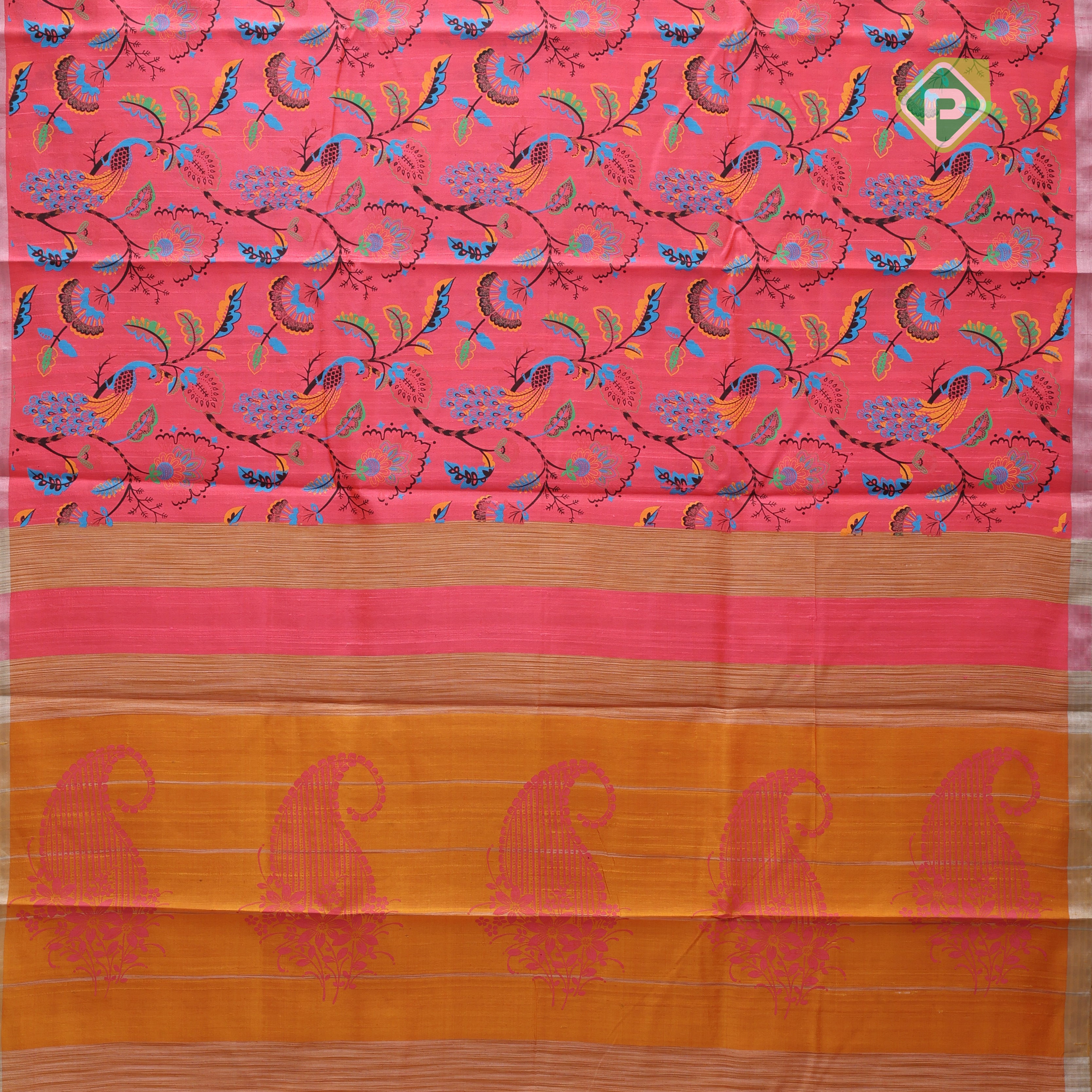 Red orange base multi color digital printed design silver zari border dhupion saree