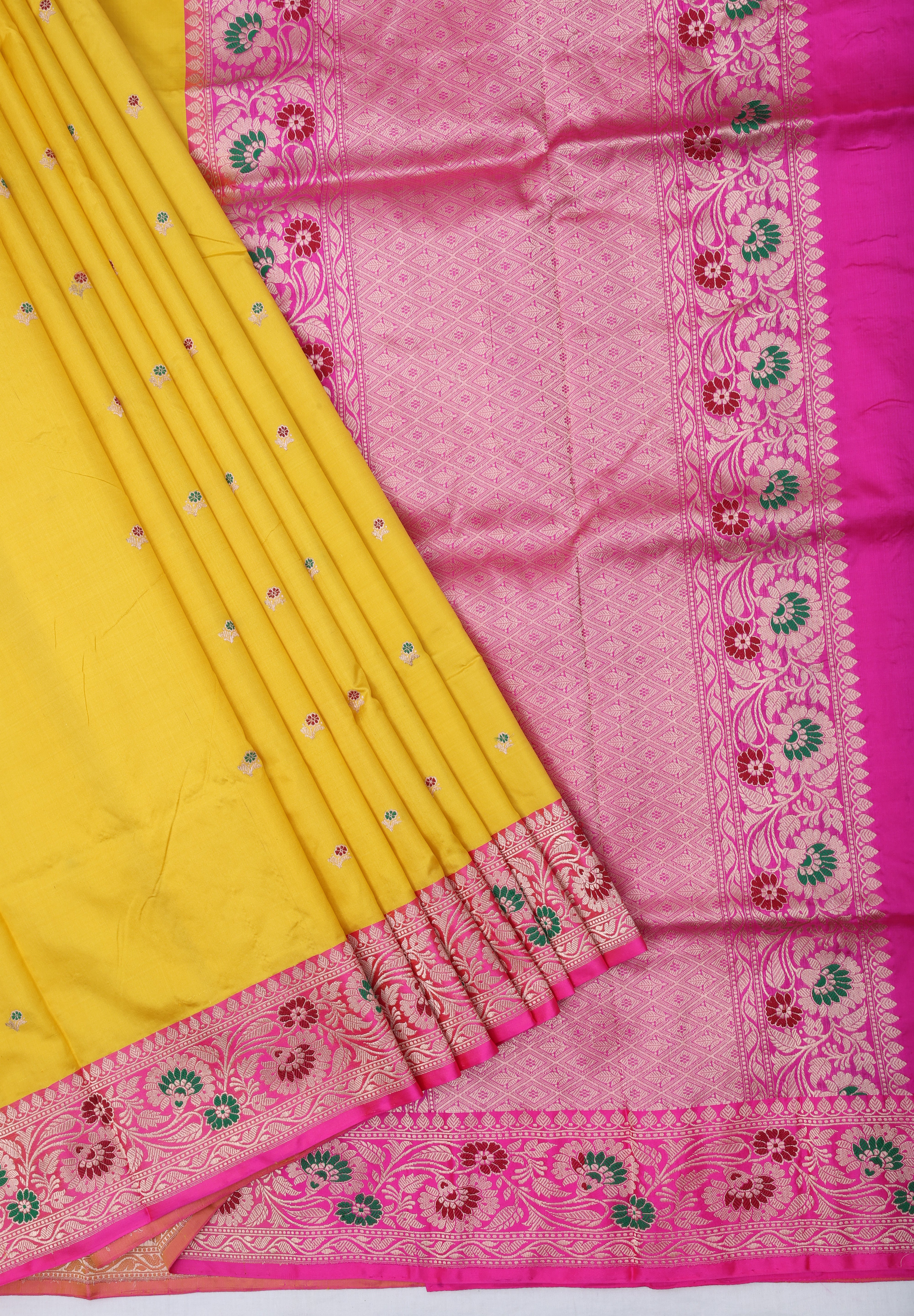 mango yellow gold zari meena work butta design contrast pink gold zari rangoli meena work border banaras silk saree