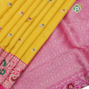 mango yellow gold zari meena work butta design contrast pink gold zari rangoli meena work border banaras silk saree