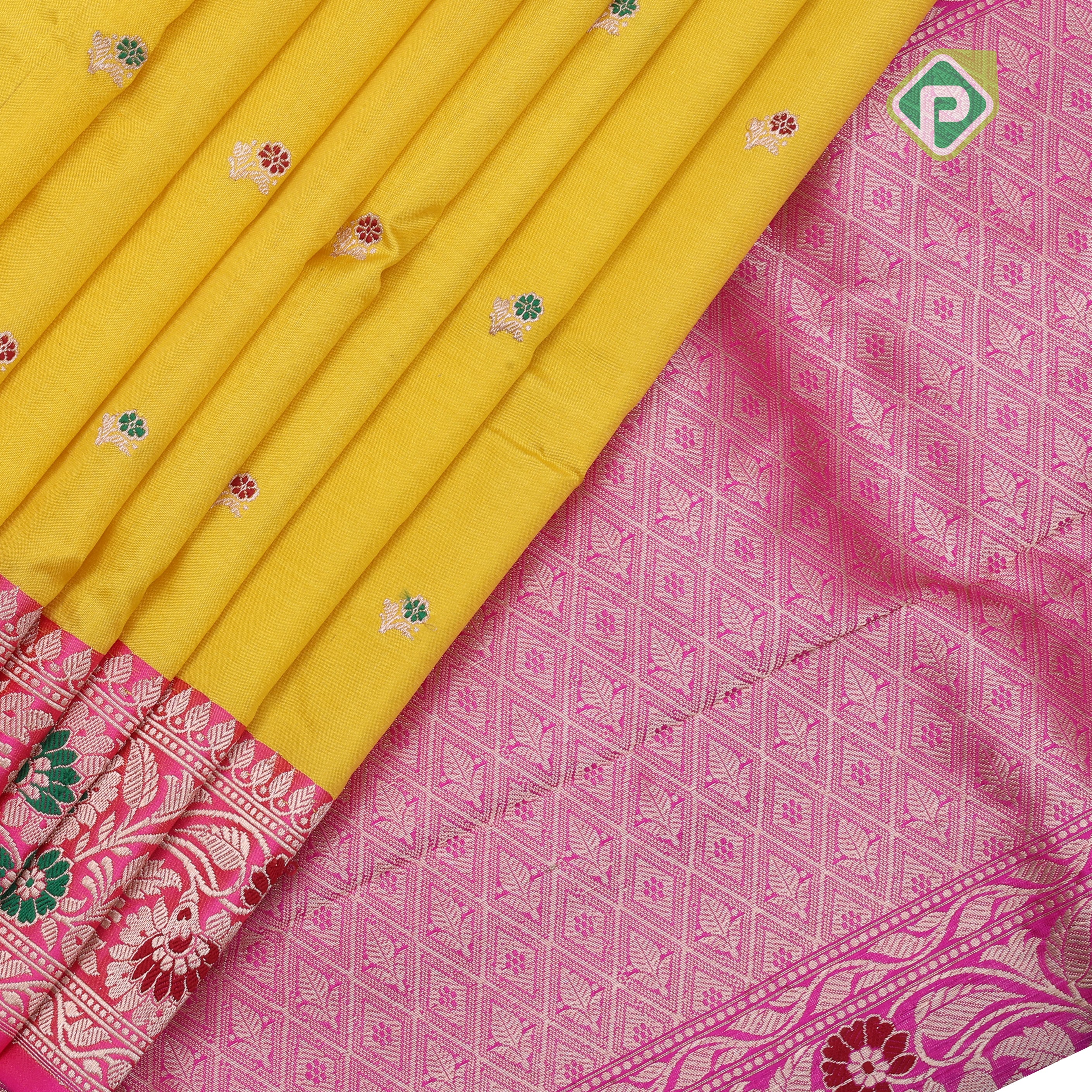mango yellow gold zari meena work butta design contrast pink gold zari rangoli meena work border banaras silk saree