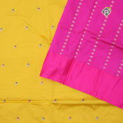 mango yellow gold zari meena work butta design contrast pink gold zari rangoli meena work border banaras silk saree