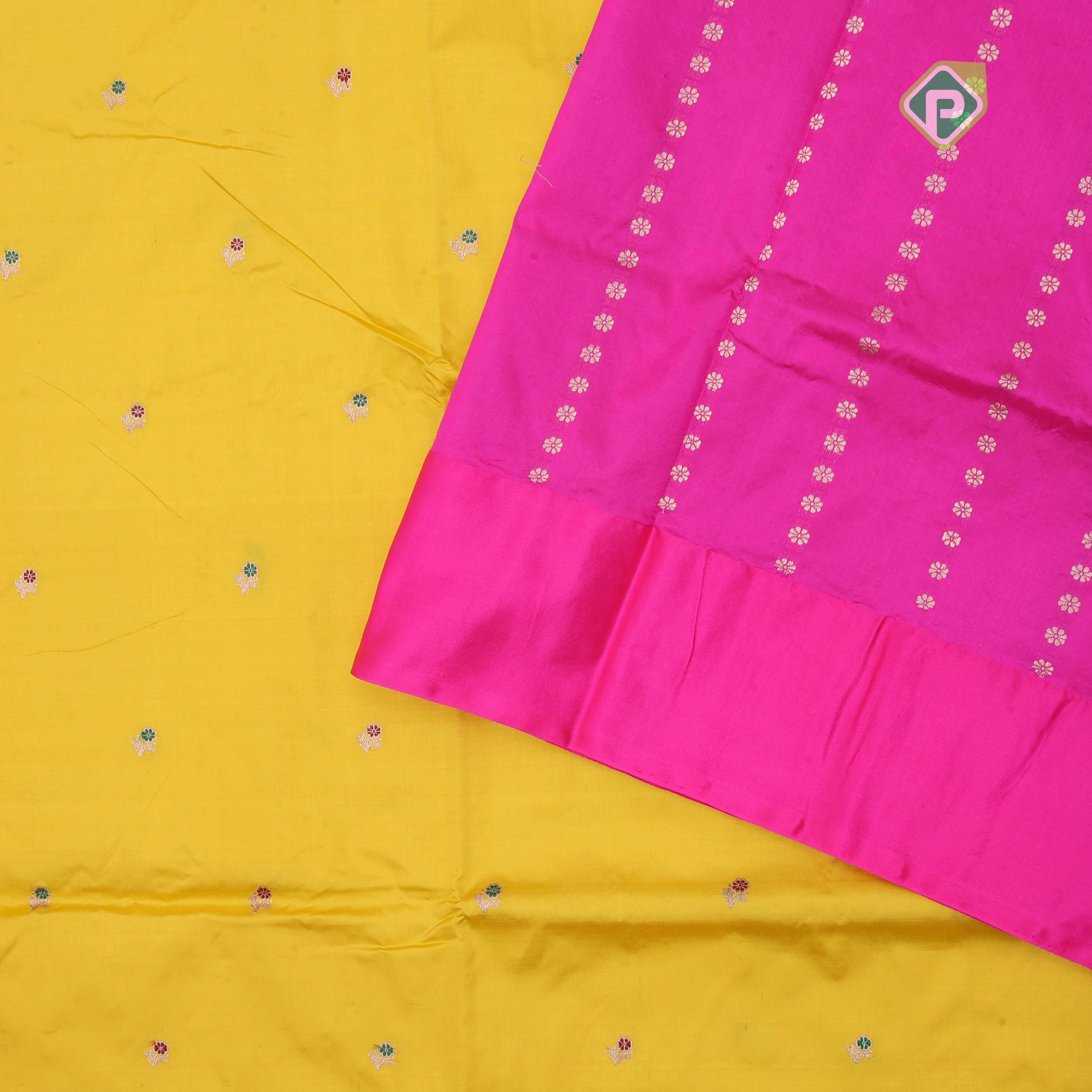 mango yellow gold zari meena work butta design contrast pink gold zari rangoli meena work border banaras silk saree