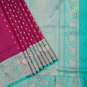 Hot pink gold zari small flower butta design contrast green gold zari rangoli border banaras silk saree