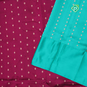 Hot pink gold zari small flower butta design contrast green gold zari rangoli border banaras silk saree