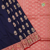 Indigo blue silver gold zari meena work lotus design Red gold zari rangoli border banaras silk saree