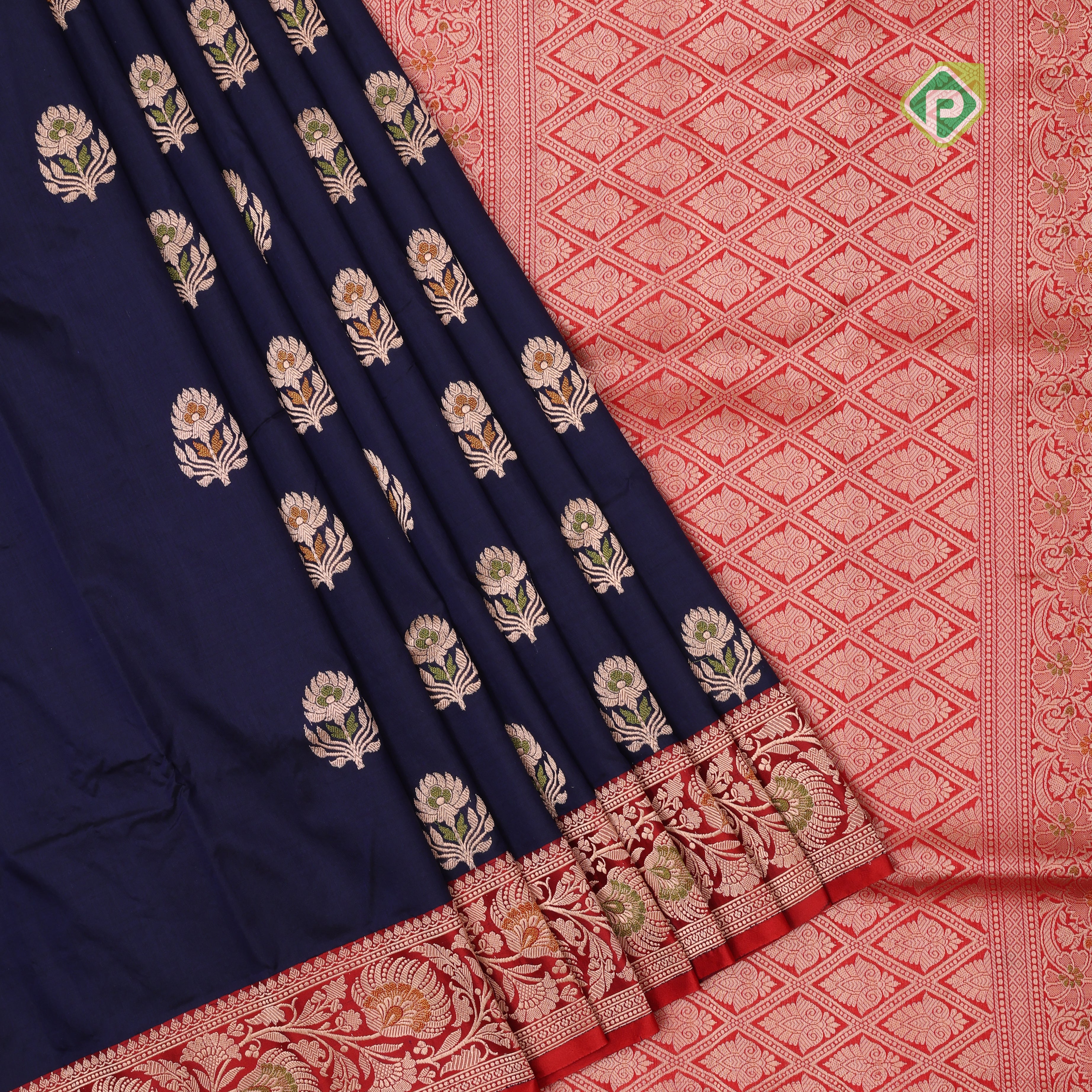 Indigo blue silver gold zari meena work lotus design Red gold zari rangoli border banaras silk saree