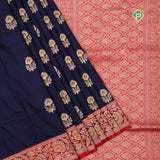 Indigo blue silver gold zari meena work lotus design Red gold zari rangoli border banaras silk saree