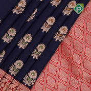 Indigo blue silver gold zari meena work lotus design Red gold zari rangoli border banaras silk saree