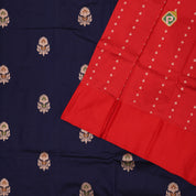 Indigo blue silver gold zari meena work lotus design Red gold zari rangoli border banaras silk saree