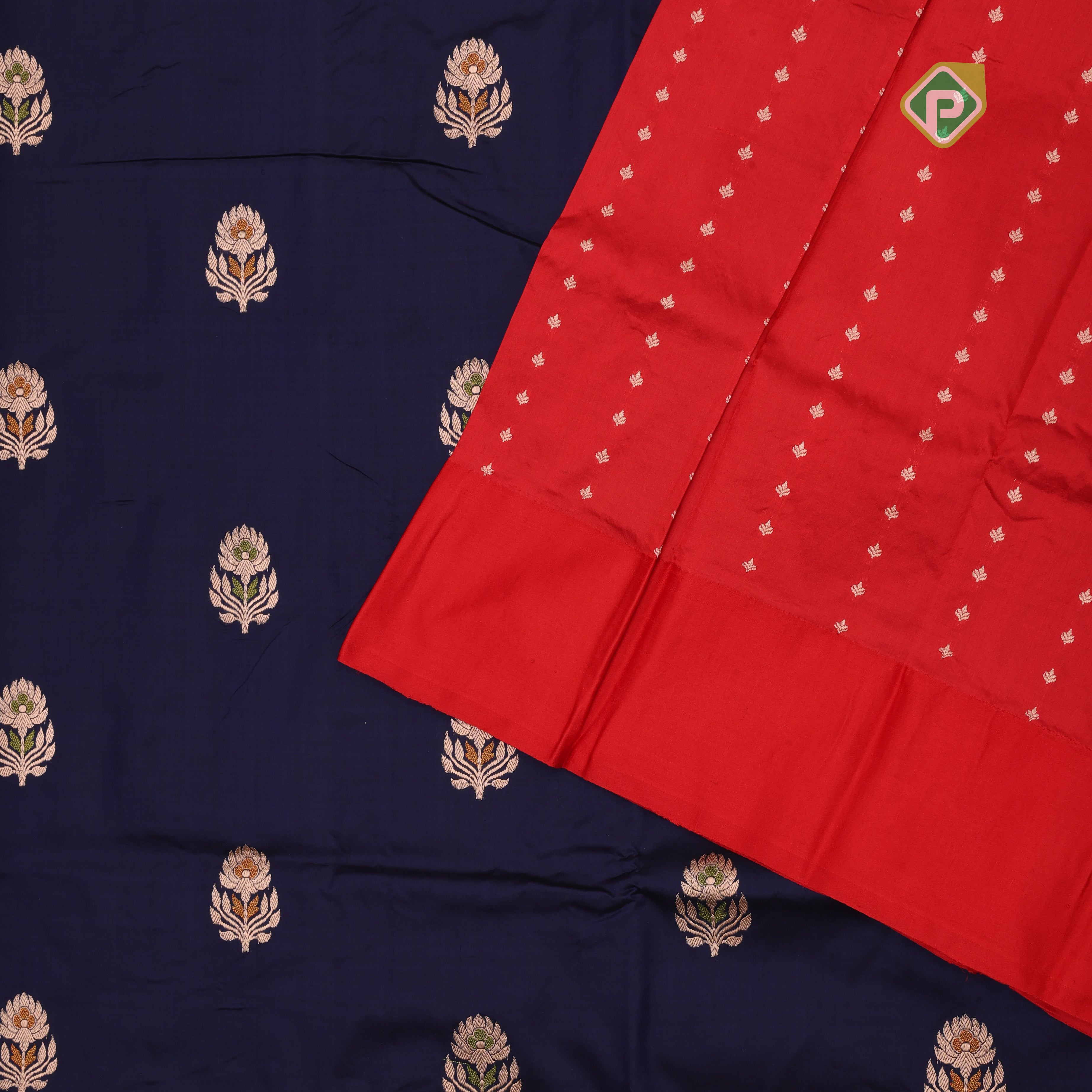 Indigo blue silver gold zari meena work lotus design Red gold zari rangoli border banaras silk saree