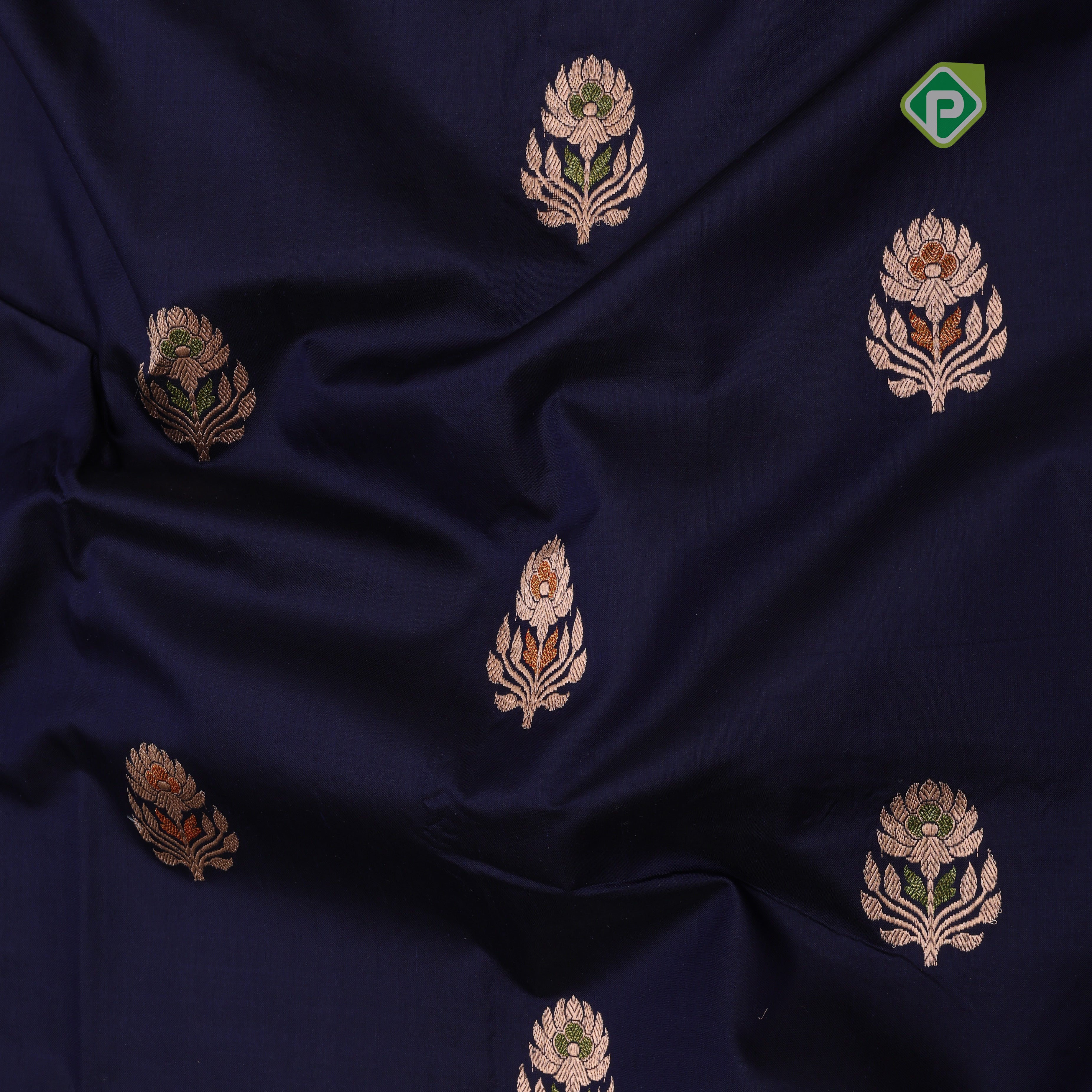 Indigo blue silver gold zari meena work lotus design Red gold zari rangoli border banaras silk saree
