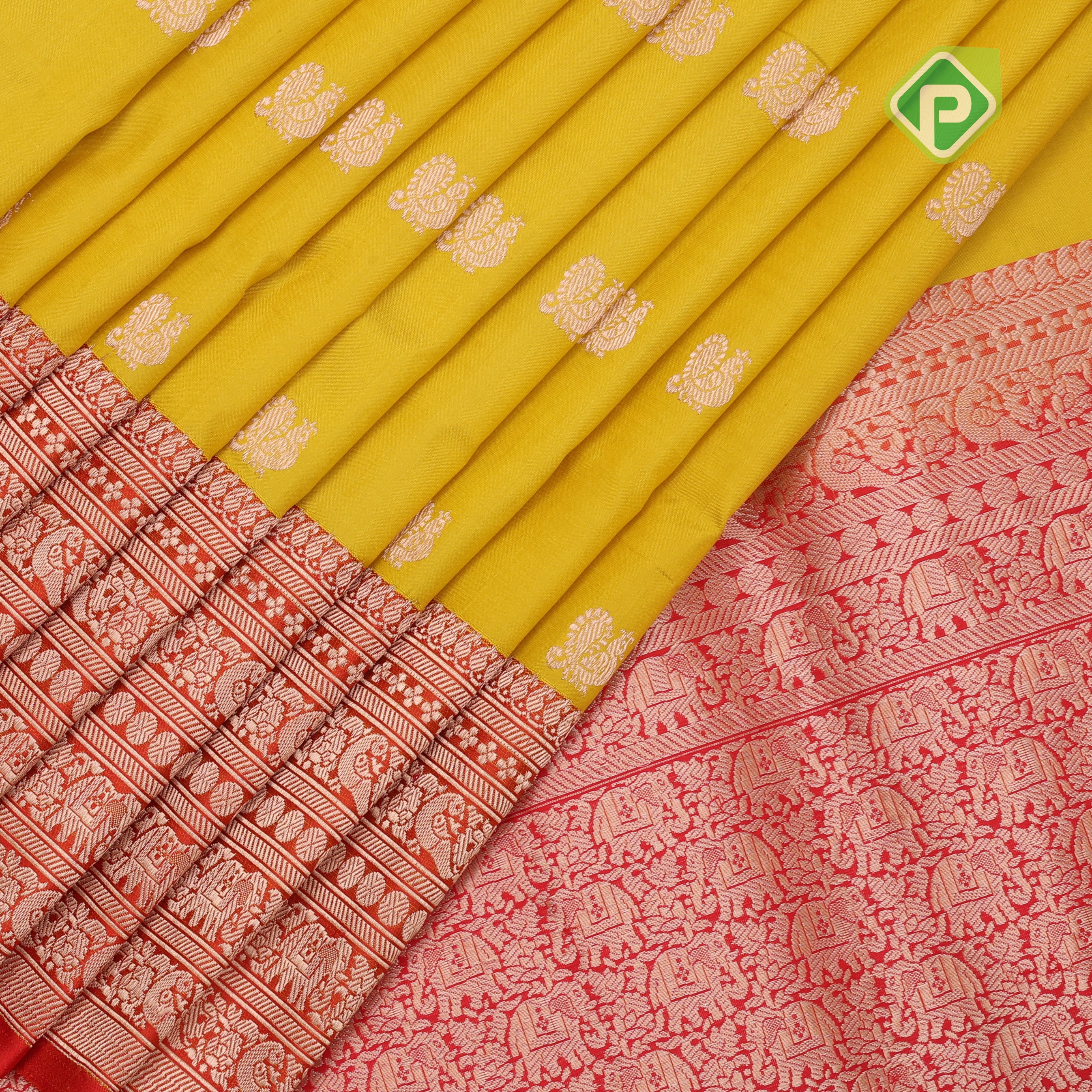 mango yellow gold zari peacock butta design contrast red gold zari rangoli design lines border banaras silk saree
