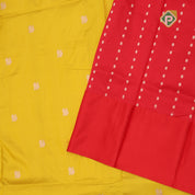mango yellow gold zari peacock butta design contrast red gold zari rangoli design lines border banaras silk saree