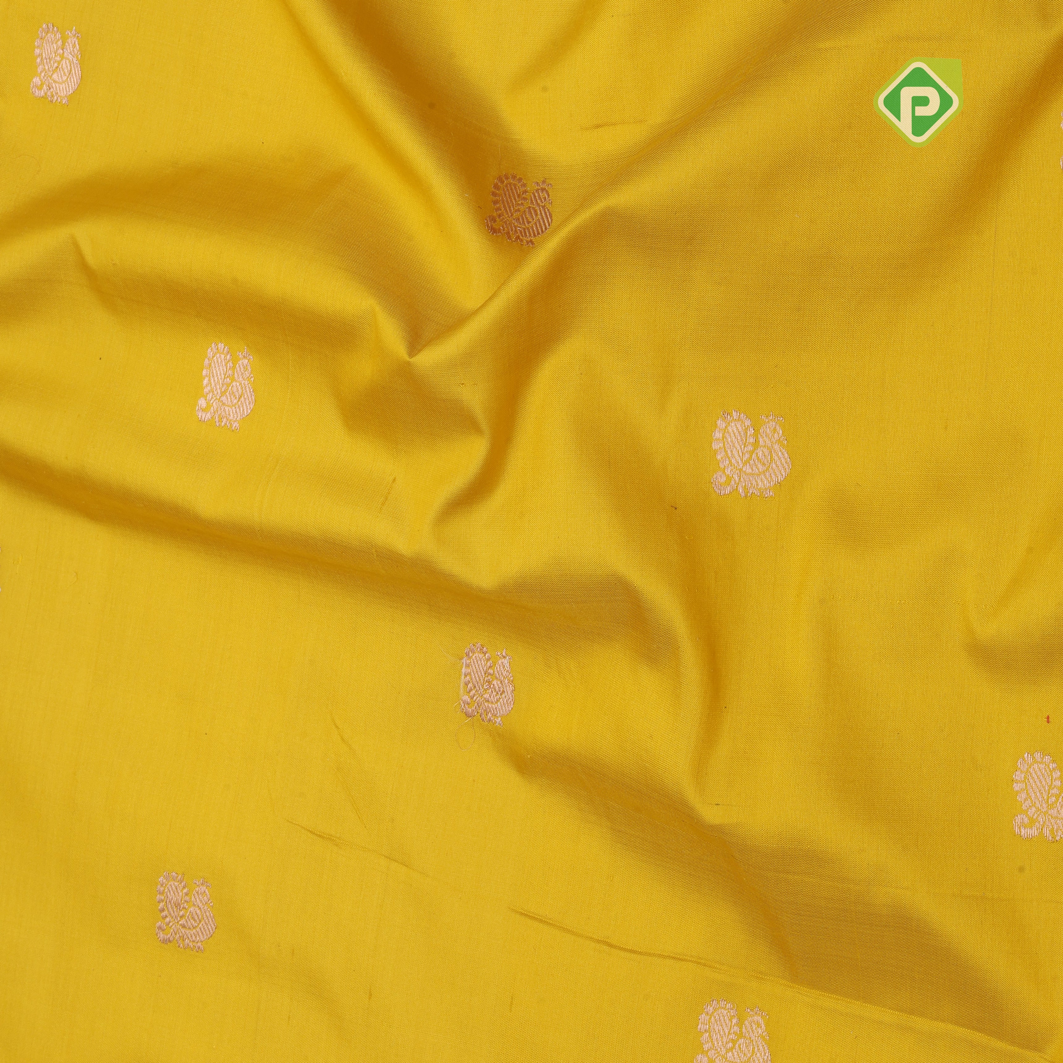 mango yellow gold zari peacock butta design contrast red gold zari rangoli design lines border banaras silk saree