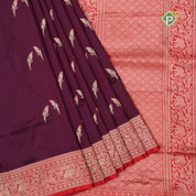 Dark purple gold zari parrot meena work red gold zari rangoli design border banaras silk saree