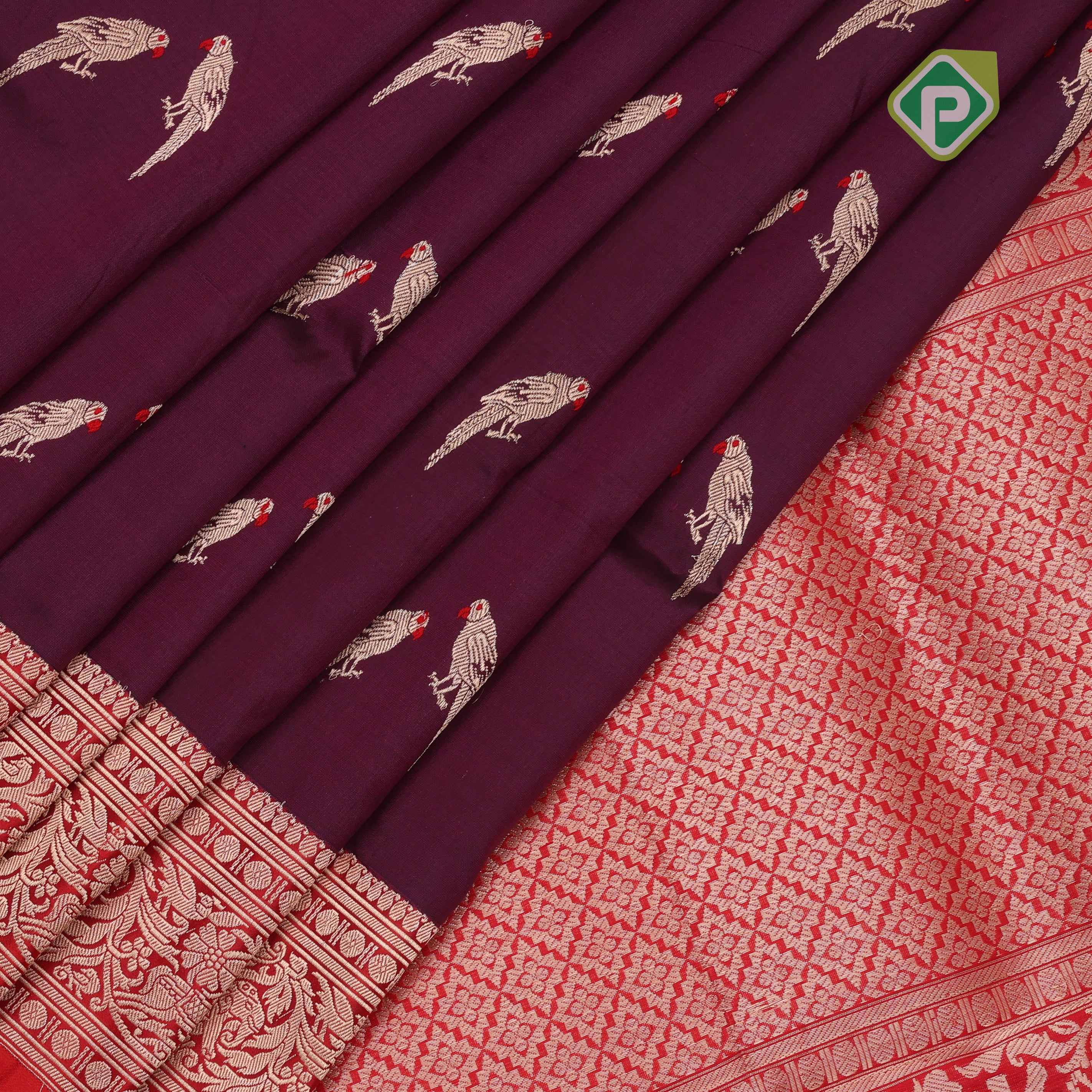 Dark purple gold zari parrot meena work red gold zari rangoli design border banaras silk saree