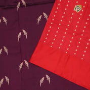 Dark purple gold zari parrot meena work red gold zari rangoli design border banaras silk saree
