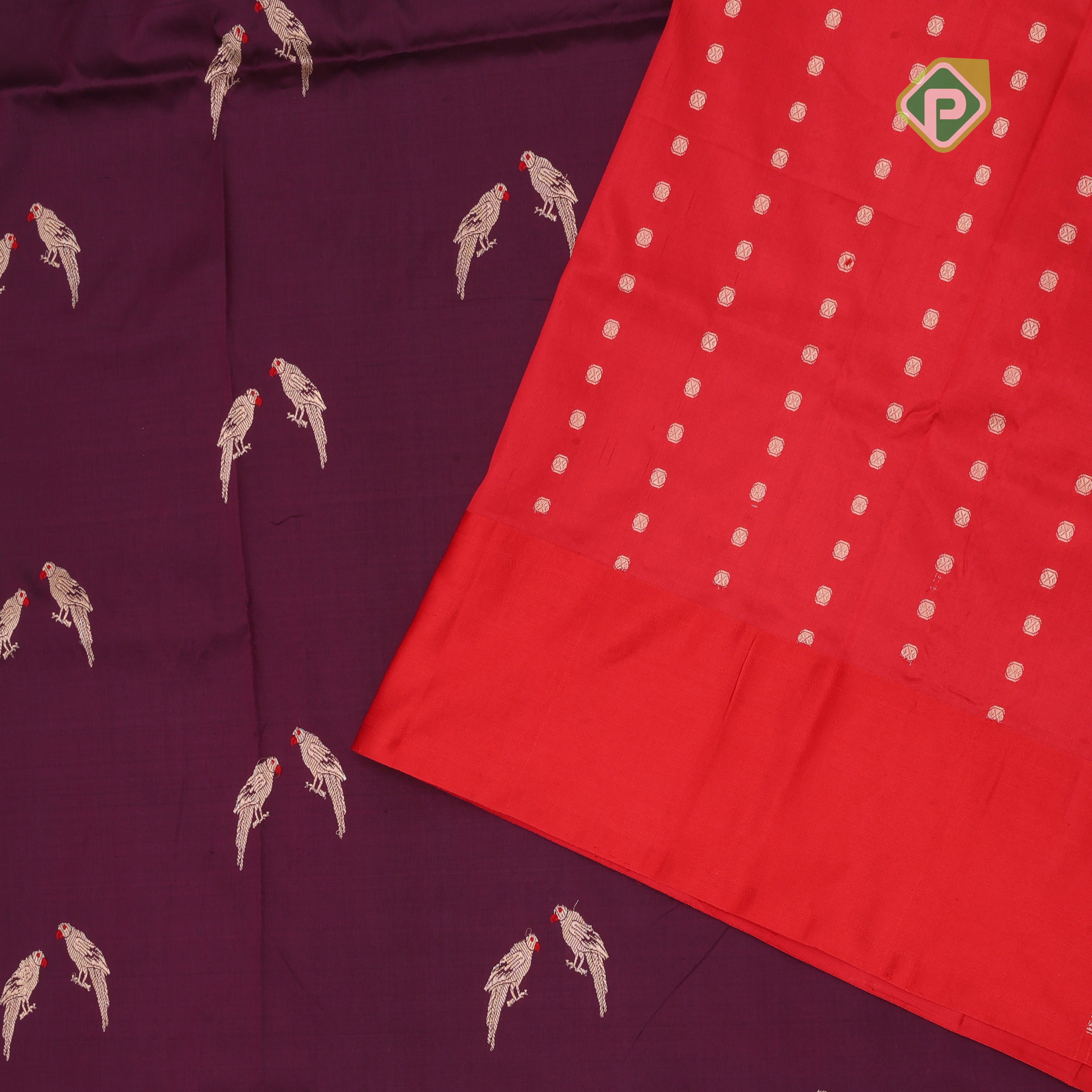 Dark purple gold zari parrot meena work red gold zari rangoli design border banaras silk saree