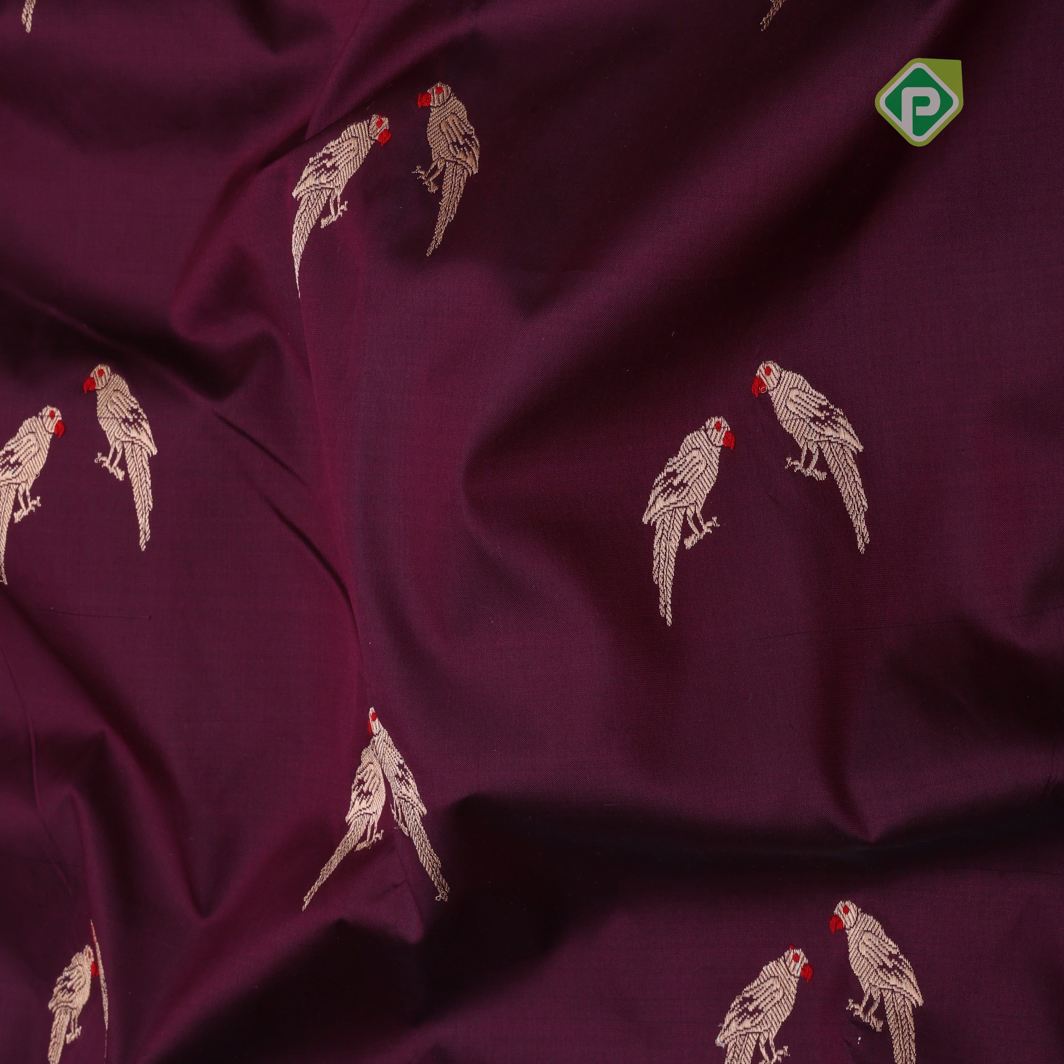 Dark purple gold zari parrot meena work red gold zari rangoli design border banaras silk saree