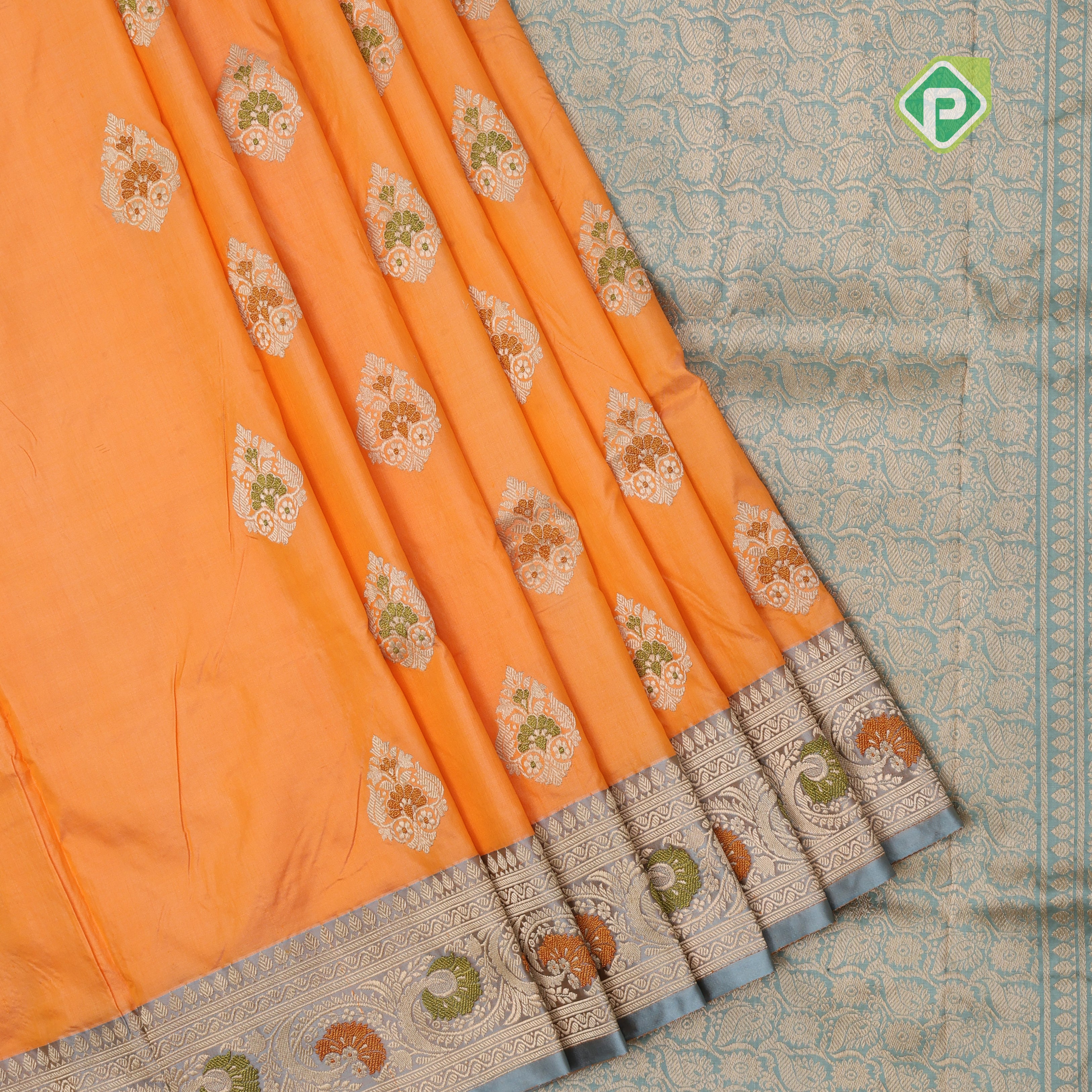 Peach orange silver zari meenawork thilagam butta bluiesh grey zari meena work border banaras silk saree