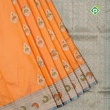 Peach orange silver zari meenawork thilagam butta bluiesh grey zari meena work border banaras silk saree
